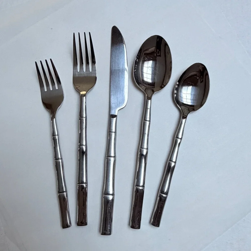 5 Piece Bamboo Handle Stainless Steel Flatware Set Silver Mirror Finish Service